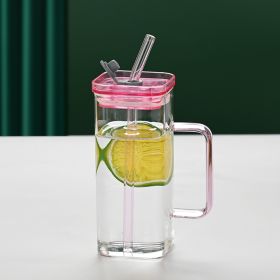 1 Pcs Pink Glass Straw Cup, 6 Colors Square Glass Cup With Straw And Lid, High Borosilicate Glass Cup, Milk Cup, Juice Cup, Cold Drink Cup, Coffe (Color: pink)